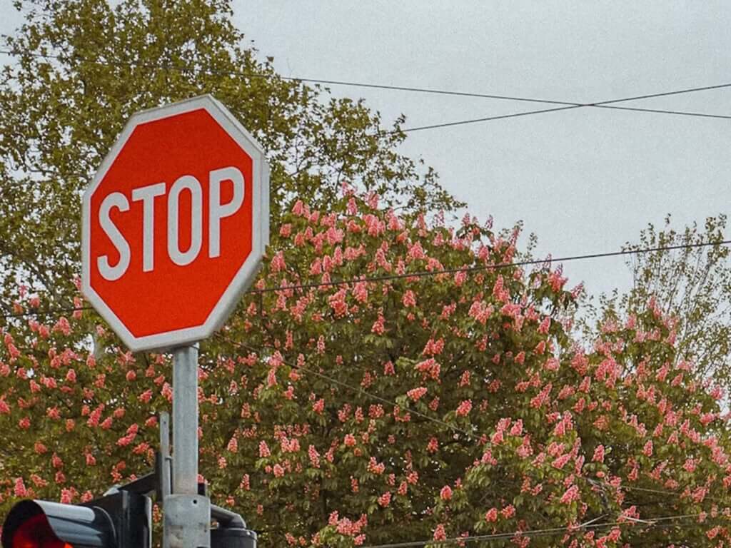 A newly installed stop sign at a clean intersection